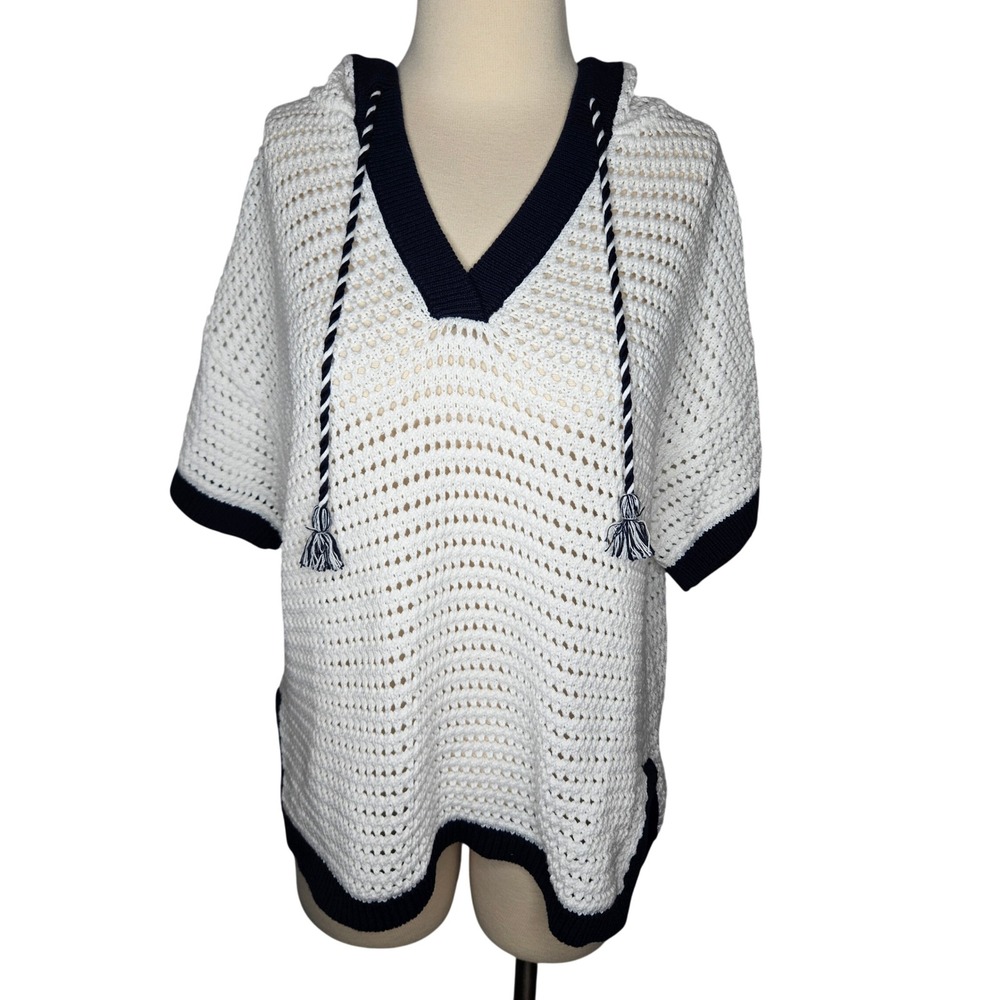 Lou & Grey Cotton‎ Open Knit Hooded Sweater Poncho Nautical Coastal Beach Small